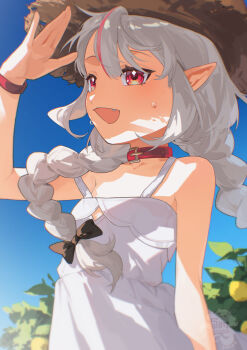 1girl absurdres alamp arm_up bare_shoulders belt_collar black_ribbon blush bracelet braid bush choker collar collarbone dress fang floating_hair grey_hair hair_ribbon hat highres jewelry long_hair looking_afar low_twin_braids makaino_ririmu makaino_ririmu_(3rd_costume) multicolored_hair nijisanji open_mouth pointy_ears red_collar red_eyes red_hair ribbon shade shading_eyes sidelocks sky sleeveless sleeveless_dress smile solo standing strap_slip straw_hat streaked_hair sundress sweat twin_braids upper_body virtual_youtuber watermark white_dress 