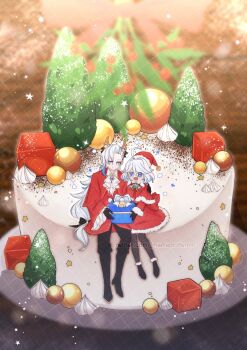  1boy 1girl :d absurdres ahoge antlers black_boots black_gloves blue_eyes blue_streaks boots box cake capelet christmas coat commentary double-parted_bangs dress english_commentary fake_antlers food fur-trimmed_capelet fur-trimmed_dress fur-trimmed_headwear fur_trim furina_(genshin_impact) genshin_impact gift gift_box gloves hair_between_eyes hat heterochromia highres holding holding_box holding_gift horns long_hair long_sleeves mamaprofennn multicolored_hair neuvillette_(genshin_impact) open_mouth oversized_food oversized_object purple_eyes red_capelet red_coat red_dress red_hat reindeer_antlers santa_costume santa_dress santa_hat side-by-side sitting smile snowing streaked_hair white_hair 