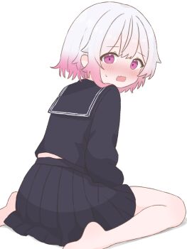 1girl black_serafuku black_skirt blush feet from_behind gradient_hair highres legs long_sleeves looking_at_viewer looking_back mahou_shoujo_no_majo_saiban medium_hair multicolored_hair neckerchief nose_blush pale_skin pink_eyes pink_hair sakuraba_ema school_uniform serafuku simple_background skirt tabedesuyo two-tone_hair white_background white_hair white_neckerchief