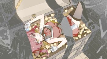  1girl ascot bon_(bony_53) brown_thighhighs coin dead_ma'am's_chest_(houshou_marine) gloves gold_coin heterochromia highres holding holding_star hololive houshou_marine jacket leotard lying no_shoes on_back red_ascot red_eyes red_hair red_jacket red_skirt see-through_clothes see-through_leotard silk skirt skull sleeveless sleeveless_jacket solo spider_web star_(symbol) thighhighs treasure_chest virtual_youtuber white_gloves yellow_eyes 