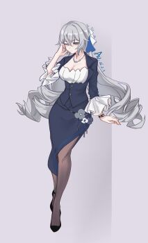  1girl absurdres artist_name au._(6668743106) black_pantyhose blue_skirt blue_vest breasts bronya_zaychik bronya_zaychik_(silverwing:_n-ex) chinese_commentary cleavage commentary_request dated drill_hair full_body grey_eyes grey_hair high_heels highres honkai_(series) honkai_impact_3rd large_breasts long_hair pantyhose skirt solo twin_drills very_long_hair vest 