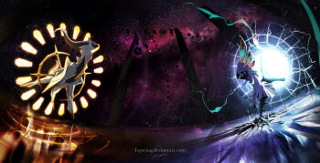  arceus cosmog dark_background fighting gen_2_pokemon gen_4_pokemon gen_7_pokemon legendary_pokemon magic mythical_pokemon nebula no_humans pokemon pokemon_(creature) portal_(object) running silvally space tapwing unown wormhole 
