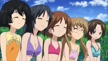  6+girls akiyama_yukari animated ass audible_speech bikini black_neckerchief bob_cut breasts brown_eyes brown_hair character_request cleavage cross day flat_chest forest girls_und_panzer glasses gradient_background happy japanese_audio long_hair looking_at_another lowleg lowleg_bikini messy_hair multiple_girls music nature neckerchief one-piece_swimsuit ooarai_school_uniform open_mouth outdoors ryona school_uniform serafuku shirt short_hair simple_background singing sitting smile standing swimsuit tagme tree video white_shirt wide_hips 
