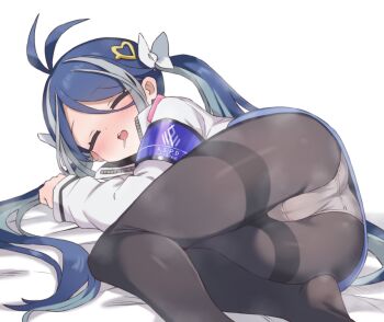  1girl :3 ^_^ aku0 antenna_hair armband ass ass_focus black_pantyhose blue_archive blue_hair blush blush_visible_through_hair bow closed_eyes commentary commission drooling facing_viewer feet_out_of_frame from_behind fubuki_(blue_archive) grey_hair hair_between_eyes hair_bow hair_ornament hair_spread_out hand_up heart heart_hair_ornament highres jacket knees_together_feet_apart long_sleeves lying multicolored_hair no_shoes nose_blush on_side open_mouth panties panties_under_pantyhose pantyhose petite pixiv_commission puffy_long_sleeves puffy_sleeves purple_armband raised_eyebrows shadow sidelocks simple_background sleeping smell smile solo streaked_hair teeth thighband_pantyhose tongue twintails two-tone_hair underwear untranslatable_commentary upper_teeth_only white_background white_bow white_jacket white_panties zipper 