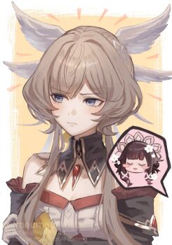  2girls black_collar black_hair blue_eyes blush blush_stickers brown_hair closed_eyes closed_mouth collar columbina_(genshin_impact) commentary detached_collar detached_sleeves dress frilled_sleeves frills gem genshin_impact hair_ornament hashtag-only_commentary head_wings headwear_switch highres long_hair long_sleeves multicolored_hair multiple_girls red_gem sandrone_(genshin_impact) solo_focus speech_bubble spoken_character streaked_hair twitter_username umeumeumestar upper_body watermark white_wings wing_hair_ornament wings 