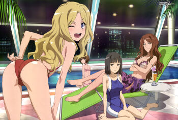 4girls ;d absurdres ass barefoot bent_over bikini black_eyes black_hair blonde_hair blue_eyes breasts brown_eyes brown_hair chair city cityscape cleavage competition_swimsuit crossed_arms drink feet frenda_seivelun fujii_masahiro highres indoors kinuhata_saiai legs long_hair looking_at_viewer looking_back lounge_chair megami_magazine mugino_shizuri multiple_girls night non-web_source official_art one-piece_swimsuit one_eye_closed open_mouth palm_tree pool poolside purple_eyes rei_no_pool scan short_hair sitting slingshot_swimsuit smile swimsuit table takitsubo_rikou toaru_kagaku_no_railgun toaru_kagaku_no_railgun_s toaru_majutsu_no_index toes tree unitard wariza water wink rating:Sensitive score:179 user:spiderfan