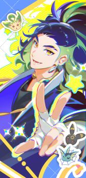  1boy adaman_(pokemon) blue_hair chromatic_aberration earrings fingerless_gloves gen_1_pokemon gen_2_pokemon gen_4_pokemon gloves green_hair highres jewelry leafeon long_hair looking_at_viewer male_focus multicolored_hair nintendo pokemon pokemon_(creature) pokemon_legends:_arceus ponytail sparkle two-tone_hair umbreon uoongpig v vaporeon white_gloves yellow_eyes 