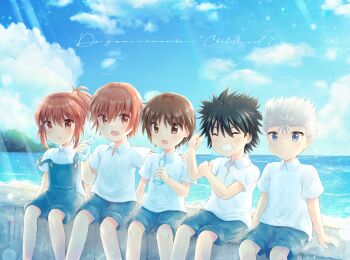  1girl 4boys :d ^_^ absurdres aged_down alternate_costume anniversary arms_at_sides black_hair blue_eyes blue_overalls blue_shorts blue_sky blush bottle brother_and_sister brown_eyes brown_hair child clenched_hand closed_eyes closed_mouth cloud collared_shirt commentary_request day english_text eyes_visible_through_hair feet_out_of_frame grey_hair grin hair_between_eyes hair_bobbles hair_ornament hand_on_another's_shoulder high_ponytail highres holding holding_bottle inohara_masato little_busters! looking_at_viewer medium_hair mitsuna miyazawa_kengo multiple_boys naoe_riki natsume_kyousuke natsume_rin ocean open_mouth outdoors overalls ponytail ramune shirt shore short_hair short_sleeves shorts siblings side-by-side sidelocks sitting sky smile spiked_hair split_mouth strap_slip sunlight white_shirt 