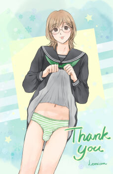  1boy artist_name bare_legs black_serafuku bow brown_eyes brown_hair bulge clothes_lift english_text green_bow green_panties lemicon lifting_own_clothes light_blush looking_at_viewer medium_hair navel panties penis_in_panties school_uniform serafuku skirt skirt_lift striped_clothes striped_panties tongue tongue_out trap underwear 