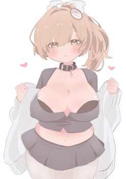  1girl belly belt_collar black_choker black_shirt black_skirt blush bread_clip bready_(frosty_bite)_(nikke) bready_(nikke) breasts brown_eyes brown_hair choker cleavage collar crop_top goddess_of_victory:_nikke hair_ornament heart large_breasts medium_hair miniskirt muffin_top mugimugimu navel open_sweater pantyhose plump ponytail shirt skirt smile solo standing sweater thigh_gap white_background white_pantyhose white_sweater 