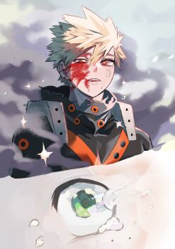  2boys absurdres bakugou_katsuki blonde_hair blood blood_from_mouth blood_in_mouth blood_on_cheek blood_on_ears blood_on_neck boku_no_hero_academia bright_pupils canon_event close-up commentary_request cropped_shoulders crying crying_with_eyes_open double-parted_bangs dust eyebrows_hidden_by_hair flying_teardrops freckles green_eyes hair_between_eyes high_collar highres looking_at_viewer looking_to_the_side male_focus midoriya_izuku mori_dosukoi multiple_boys open_mouth partial_commentary red_eyes scene_reference short_hair sidelighting sideways_glance smoke sparkle spiked_hair spoilers sweat tears teeth torn_clothes uneven_eyes upper_teeth_only white_pupils 