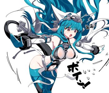  1girl absurdres arknights arknights:_endfield bare_shoulders blue_gloves blue_hair breasts clothing_cutout commentary_request covered_horns cowboy_shot demon_girl demon_horns elbow_gloves gloves highres hip_vent horns kinbakuman last_rite_(arknights) long_hair navel navel_cutout outstretched_arms pointy_ears purple_eyes simple_background solo translation_request white_background 