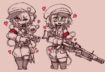  2girls alternate_costume alternate_headwear armband closed_mouth coat commentary eyeball gloves green_eyes gun handgun hat heart highres holding holding_gun holding_weapon komeiji_koishi komeiji_satori korean_commentary long_sleeves looking_at_viewer medium_hair military_hat monochrome multiple_girls necktie one_eye_closed open_mouth pink_eyes pink_theme rampa93 red_armband smile spot_color teeth thighhighs third_eye touhou trigger_discipline upper_teeth_only weapon 