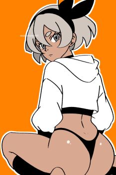  1girl alternate_costume ass ausshawott bea_(pokemon) bow dark-skinned_female dark_skin dimples_of_venus grey_eyes grey_hair hair_bow hair_ribbon hood hoodie looking_at_viewer looking_back nintendo orange_background pokemon pokemon_swsh ribbon sitting socks solo stirrup_legwear thong toeless_legwear wariza 