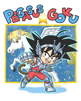  1boy armor armored_boots artist_name black_eyes black_hair bodysuit boots clenched_hands commentary_request cosplay dragon_ball gauntlets highres horse knee_pads male_focus monkey_tail open_mouth pegasus pegasus_seiya pegasus_seiya_(cosplay) red_bodysuit saint_seiya shoulder_armor signature smile son_goku tail wings yellow_eyes yusuke_chun 