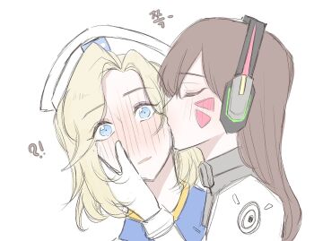  2girls alternate_costume blonde_hair blue_eyes blush brown_hair closed_eyes combat_medic_ziegler d.va_(overwatch) facial_mark hand_on_another's_face hat headphones kiss kissing_cheek mercy_(overwatch) multiple_girls overwatch overwatch_1 servandakin surprise_kiss surprised white_background yuri 
