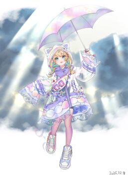  1girl ahoge animal_hood aqua_eyes aqua_hair aqua_nails blonde_hair blush bow braid cat_hood cloud cloudy_sky commentary dated earrings full_body hair_bow highres holding holding_umbrella hood hood_up jacket jewelry layered_clothes light_rays low_twin_braids medium_hair millie_parfait millie_parfait_(5th_costume) multicolored_hair multiple_hair_bows nijisanji nijisanji_en open_mouth overalls pink_thighhighs see-through_clothes see-through_jacket shoes sky sneakers solo streaked_hair sunbeam sunlight syake2019 symbol-only_commentary thighhighs twin_braids umbrella virtual_youtuber 