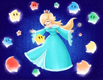  1girl baby_luma blonde_hair blue_dress blue_luma blue_nails breasts brooch closed_eyes closed_mouth commentary crown dress earrings full_body green_luma hair_over_one_eye highres holding holding_wand jewelry long_hair long_sleeves luma_(mario) mario_(series) medium_breasts meli_sketch nintendo off-shoulder_dress off_shoulder red_luma rosalina smile solo space star_(sky) star_(symbol) star_brooch star_earrings super_mario_galaxy wand 