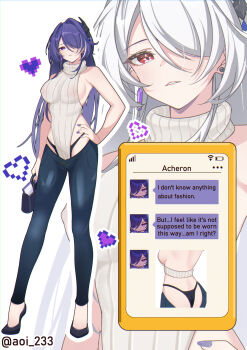  1girl acheron_(honkai:_star_rail) alternate_costume ass bag bare_shoulders bikini_jeans black_bag black_footwear black_panties breasts commentary denim earrings english_text full_body hair_ornament hair_over_one_eye hand_on_own_hip high_heels highleg highleg_panties highres holding holding_bag honkai:_star_rail honkai_(series) jeans jewelry large_breasts long_hair looking_at_viewer lowleg lowleg_pants median_furrow multicolored_hair nail_polish official_alternate_color official_art_inset panties pants parted_lips purple_eyes purple_hair purple_nails red_eyes ribbed_sweater sidelocks smile streaked_hair sweater text_messaging underwear very_long_hair virgin_killer_sweater white_hair yoshitoki_(kisshin) zoom_layer 