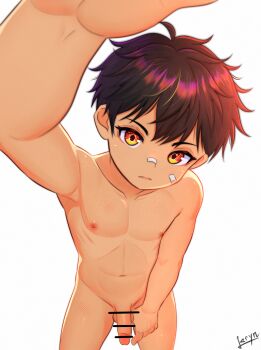  1boy arm_up armpits artist_name bandaid bandaid_on_face bandaid_on_nose bar_censor censored closed_mouth completely_nude erection highres leryn looking_at_viewer male_focus muscular muscular_male navel nipples nude orange_eyes original penis shota solo standing tagme testicles white_background  rating:Explicit score:130 user:SGuy669