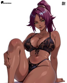  1girl artist_name bare_shoulders black_bra black_panties bleach bra breasts closed_mouth collarbone dark-skinned_female dark_skin female_focus hair_ornament highres kyoffie large_breasts lips long_hair looking_at_viewer navel panties parted_bangs patreon_username ponytail purple_hair shihouin_yoruichi shiny_skin sitting stomach underwear yellow_eyes  rating:Questionable score:5 user:VIZARD_