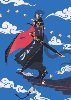  1boy arknights arm_guards bird black_cape black_pants black_shirt blue_hair blue_sky building cape chaiko1030 cloud commentary_request flat_color hand_on_hilt highres male_focus outdoors pants pointy_ears red_cape sheath sheathed shirt short_hair sky snake_boy snake_tail solo standing_on_roof sword tail two-sided_cape two-sided_fabric weapon zuo_le_(arknights) 