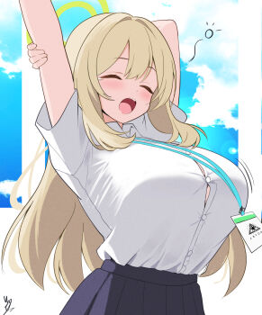  1girl absurdres arm_behind_head arm_up blonde_hair blue_archive blue_sky breasts bursting_breasts button_gap buttons closed_eyes dot_nose grey_skirt hair_intakes highres huge_breasts id_card impossible_clothes impossible_shirt light_blush long_hair nonomi_(blue_archive) open_mouth plaid_clothes plaid_skirt rikki_(ganba_rikki) school_uniform shirt shirt_tucked_in short_sleeves sidelocks signature skirt sky solo stretching summer_uniform tearing_up teeth tented_shirt upper_body upper_teeth_only white_shirt yawning 