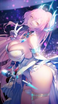  1girl aemeath_(wuthering_waves) alternate_breast_size_(larger) blurry blurry_background breasts commentary cowboy_shot elbow_gloves floating_headgear from_side gloves hand_up head_back headgear highres holding holding_microphone huge_breasts ina_(mikamixx) jewelry leaning_forward leotard long_hair long_skirt looking_at_viewer looking_to_the_side microphone open_mouth orange_eyes pink_hair ponytail showgirl_skirt skirt smile solo star-shaped_pupils star_(symbol) strapless strapless_leotard symbol-shaped_pupils tacet_mark_(wuthering_waves) thighlet thighs turning_head v very_long_hair white_gloves white_leotard white_skirt wuthering_waves 