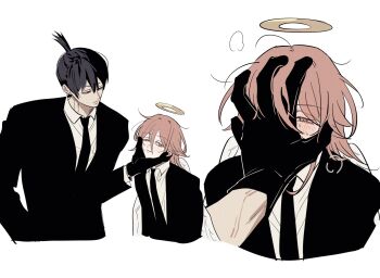  2boys androgynous angel_devil_(chainsaw_man) black_hair black_jacket black_necktie black_suit blush chainsaw_man chest_height commentary_request covered_face covering_face formal_clothes full-face_blush halo hand_on_another's_face hayakawa_aki head_rest height_difference highres jacket large_hands long_hair male_focus mature_male multiple_boys muscular_arms necktie pink_eyes pink_hair suit suit_jacket sweat topknot traditional_halo tus_oo veins veiny_arms white_background yaoi 