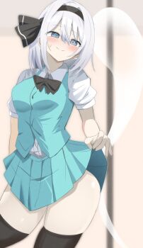  1girl @_@ absurdres black_bow black_bowtie black_hairband black_thighhighs blurry blurry_background blush bow bowtie closed_mouth clothes_lift commentary_request daru_(kumakumadon) ghost green_skirt green_vest hairband highres konpaku_youmu konpaku_youmu_(ghost) lifting_own_clothes looking_at_viewer short_sleeves skirt skirt_lift smile solo thighhighs touhou vest 