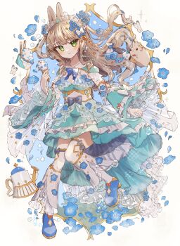  1girl :3 animal animal_ear_fluff animal_ears blue_background blue_bow blue_bowtie blue_flower blue_shoes blush bow bowtie brown_hair closed_mouth commentary dress flower food frilled_sleeves frills full_body green_dress green_eyes hair_bow highres holding holding_food holding_ice_cream ice_cream long_hair long_sleeves nemophila_(flower) original rabbit rabbit_ears rabbit_girl shoes solo standing standing_on_one_leg symbol-only_commentary teapot thighhighs tsukumi_bis twitter_username white_bow white_thighhighs wide_sleeves 