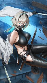  1girl black_gloves black_horns black_mask blue_hair breasts colored_inner_hair commentary_request commission dual_wielding gloves grey_hair hair_between_eyes highres holding holding_sword holding_weapon horns kamo_ashi mask mouth_mask multicolored_hair navel original skeb_commission solo sword taut_clothes weapon 