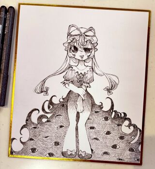  art_tools_in_frame bow bowtie chibi clenched_hand collared_dress commentary_request contrast_collar covering_crotch covering_privates crossed_bangs crosshatching double-parted_bangs dress extra_eyes eyes_visible_through_hair full_body gap_(touhou) graphite_(medium) hair_between_eyes hair_bow hair_up hand_on_own_arm hat hat_ribbon hatching_(texture) heart heart_in_mouth holding_own_arm long_dress long_hair looking_at_viewer low-tied_long_hair mob_cap monochrome no_pupils official_alternate_hairstyle omaega_chan photo_(medium) pigeon-toed puffy_short_sleeves puffy_sleeves raised_eyebrow ribbon shikishi shoes short_sleeves standing straight-on touhou traditional_media triangle_mouth uneven_eyes white_background yakumo_yukari 