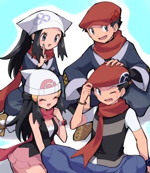  2boys 2girls akari_(pokemon) black_hair blue_kimono blue_pants blush closed_eyes commentary_request dawn_(pokemon) galaxy_team_survey_corps_uniform hand_on_another's_head headscarf highres japanese_clothes kimono long_hair lucas_(pokemon) multiple_boys multiple_girls nintendo open_mouth pants pink_scarf pink_skirt pokemon pokemon_diamond/pearl/platinum pokemon_legends:_arceus ponytail red_headwear red_scarf rei_(pokemon) sawarabi_(sawarabi725) scarf shirt short_hair sidelocks sitting skirt smile sweatdrop time_paradox white_headscarf white_headwear white_scarf  rating:General score:15 user:danbooru