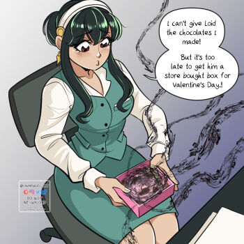  1girl black_hair breasts business_suit chair dress earrings formal_clothes gold_earrings hairband jewelry large_breasts laurencel_art long_hair office office_chair office_lady pencil_skirt red_eyes sidelocks skirt skirt_suit solo spy_x_family suit swivel_chair yor_briar 