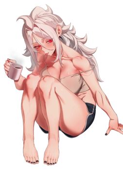  1girl absurdres android_21 bare_legs barefoot breasts cleavage coffee_mug colored_skin cup dragon_ball dragon_ball_fighterz female_focus full_body highres large_breasts long_hair majin_android_21 mug nail_polish off_shoulder pink_skin red_eyes sitting solo toenail_polish toenails tongue tongue_out white_hair zequung 