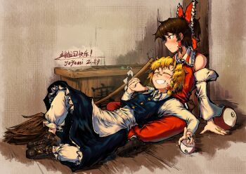  2girls apron ascot bandaid bandaid_on_face bandaid_on_nose black_skirt black_vest blonde_hair blush bow box broom brown_hair chinese_commentary closed_eyes collared_shirt commentary_request detached_sleeves donation_box frilled_bow frilled_hair_tubes frills gohei grin hair_bow hair_tubes hakurei_reimu holding_hands interlocked_fingers jewelry kirisame_marisa lap_pillow long_hair long_sleeves lying making-of_available multiple_girls no_headwear on_back orb pants red_bow red_eyes red_skirt ring shirt sitting skirt skirt_set smile touhou vest waist_apron white_apron white_pants white_shirt xiao'an_de_kaoroufan yellow_ascot yin_yang yin_yang_orb yuri 