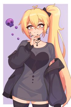  1girl absurdres ahoge akita_neru arm_tattoo black_bow black_collar black_jacket black_nails black_shirt black_thighhighs blonde_hair bow closed_mouth collar collarbone commentary cross cross_necklace detached_ahoge ear_piercing earrings hair_bow heart heart_print highres inverted_cross inverted_cross_necklace jacket jewelry kaleislazy long_hair looking_at_viewer necklace off-shoulder_jacket off_shoulder open_clothes open_jacket piercing ponytail print_shirt ring shirt single_earring skindentation skull smile solo split_mouth straight-on tattoo thighhighs twitter_username vocaloid yellow_eyes zipper 