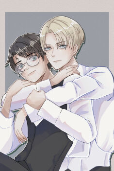 2boys arms_around_neck blonde_hair closed_mouth draco_malfoy eyebrows_hidden_by_hair glasses green_eyes hand_on_another's_shoulder hands_on_another's_arms harry_potter harry_potter_(series) hug itsuuraq lightning_bolt_symbol looking_at_viewer male_focus multiple_boys parted_bangs scar scar_on_face scar_on_forehead shirt short_hair vest white_shirt wizarding_world yaoi