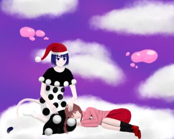  2girls blue_eyes blue_hair cloud crossover doremy_sweet fumo_yakumo hat headpat madotsuki multiple_girls seiza short_hair sitting sleeping tail touhou twintails yume_nikki 