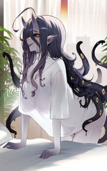  1girl ariagnyx_lovecraft black_sclera breasts colored_sclera colored_skin commentary commission demon_girl english_commentary eyebrows_hidden_by_hair from_side hair_between_eyes highres horns indie_virtual_youtuber large_breasts leaning_forward lipstick long_hair looking_at_viewer makeup mole mole_on_thigh naked_shirt on_bed open_mouth pointy_ears purple_hair purple_skin second-party_source shadow shirt skin-covered_horns smile solo virtual_youtuber yellow_eyes zeragoes 