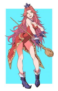  1girl angela_(seiken_densetsu_3) blue_background blue_boots blue_collar blue_gloves blue_hat boots border breasts brooch collar commentary curtained_hair earrings english_commentary full_body gloves green_eyes hat high_heel_boots high_heels holding holding_staff jewelry leotard long_hair medium_breasts metric80019 open_mouth red_hair red_leotard red_skirt seiken_densetsu seiken_densetsu_3 showgirl_skirt skirt smile solo staff strapless strapless_leotard teeth upper_teeth_only white_border wrist_cuffs 