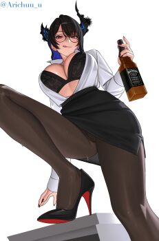  1girl :q alcohol arichuu_u asymmetrical_horns black_bra black_hair black_pantyhose black_shoes black_skirt blue_hair bottle bra breasts cleavage collared_shirt colored_inner_hair commentary commission demon_horns fingernails from_below glasses high-waist_skirt high_heels highres holding holding_bottle hololive hololive_english horns jack_daniel's large_breasts leg_up licking_lips long_hair long_sleeves looking_at_viewer looking_down multicolored_hair nerissa_ravencroft nerissa_ravencroft_(casual) office_lady official_alternate_costume open_clothes open_shirt pantyhose pencil_skirt red_nails shirt shirt_tucked_in shoes simple_background skirt solo sweatdrop tongue tongue_out twitter_username unbuttoned underboob underwear uneven_horns virtual_youtuber whiskey white_shirt 