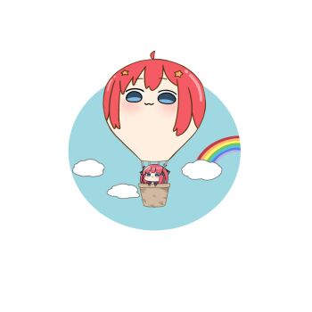  1girl :3 aircraft akino_ell black_ribbon blue_eyes blue_sky blush chibi cloud go-toubun_no_hanayome hair_ornament hair_ribbon hot_air_balloon jacket long_hair nakano_itsuki nakano_nino purple_hair purple_jacket rainbow red_hair ribbon sky solo star_(symbol) star_hair_ornament two_side_up 