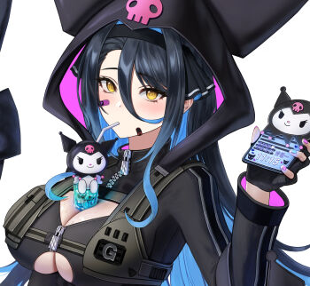  1girl absurdres asymmetrical_bangs bandaid bandaid_on_face black_hair black_shirt blue_hair breasts cellphone cleavage cleavage_cutout clothing_cutout colored_inner_hair colored_tips drinking_straw drinking_straw_in_mouth eruthu gangzi_(vtuber) gradient_hair hair_between_eyes hashtag-only_commentary highres holding holding_phone hooded_shirt korean_text large_breasts long_bangs long_sleeves looking_at_viewer multicolored_hair phone shirt simple_background smartphone solo stellive translation_request upper_body virtual_youtuber water_drop wet white_background yellow_eyes zipper zipper_pull_tab 