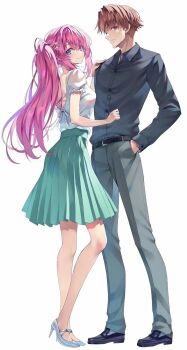 1boy 1girl ayanokouji_kiyotaka belt blazer blue_eyes blush breasts brown_eyes brown_hair closed_mouth comic_alive hair_ornament hand_in_pocket high_heels highres ichinose_honami_(youjitsu) jacket long_hair long_sleeves looking_at_viewer official_art pants pink_hair ponytail shirt short_hair short_sleeves skirt smile tomose_shunsaku youkoso_jitsuryoku_shijou_shugi_no_kyoushitsu_e rating:General score:10 user:danbooru