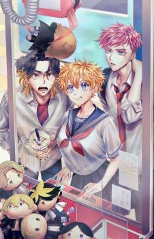  1girl 29o52413 2boys absurdres baji_keisuke black_hair blonde_hair blue_eyes brown_hair bubble_tea character_doll commentary_request controller crane_game cup disposable_cup doll drink drinking_straw ear_piercing genderswap genderswap_(mtf) gradient_hair green_eyes hair_between_eyes haitani_ran hanagaki_takemichi hanemiya_kazutora highres holding holding_drink inui_seishu kokonoi_hajime long_hair long_sleeves matsuno_chifuyu multicolored_hair multiple_boys neckerchief necktie open_mouth orange_eyes orange_hair piercing pleated_skirt red_neckerchief red_necktie ryuuguuji_ken sailor_collar sano_manjirou sanzu_haruchiyo scar scar_across_eye scar_on_face school_uniform serafuku shirt short_hair skirt smile tokyo_revengers white_shirt 