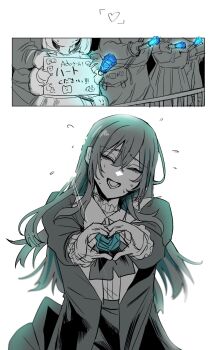  2girls ado_(utaite) blue_hair chando_(ado) commentary gloves glowstick gunjyou_(gunjyou_00) ha-chan_(ado) heart heart_hands highres long_hair long_sleeves mole mole_under_eye multiple_girls open_mouth penlight_(glowstick) people sweat symbol-only_commentary utaite 