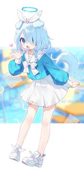  1girl absurdres animal_ears arona_(blue_archive) blue_archive blue_eyes blue_hair blue_halo blue_shirt blush bow bow_hairband bowtie braid chair chinese_commentary choker commentary_request desk dog_ears dog_girl dog_tail full_body hair_over_one_eye hairband halo hand_up heart highres kemonomimi_mode long_sleeves looking_at_viewer miniskirt miyayoki multicolored_hair open_mouth pink_hair pleated_skirt ribbon sailor_collar school_chair school_desk school_uniform serafuku shirt shoes short_hair single_braid skirt smile sneakers solo tail waving white_bow white_bowtie white_choker white_hairband white_ribbon white_sailor_collar white_shoes white_skirt 