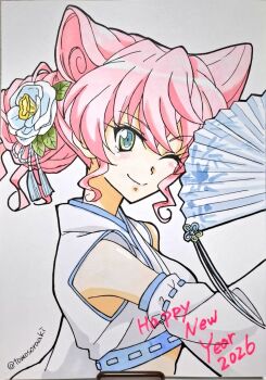  2026 closed_mouth commentary_request dated detached_sleeves double-parted_bangs english_text flower folding_fan green_eyes hair_between_eyes hair_bun hair_flower hair_ornament hair_wings hand_fan happy_new_year holding holding_fan maria_cadenzavna_eve new_year one_eye_closed painting_(medium) photo_(medium) senki_zesshou_symphogear short_hair sidelocks simple_background single_hair_bun smile tomosoraaki traditional_media twitter_username white_background 